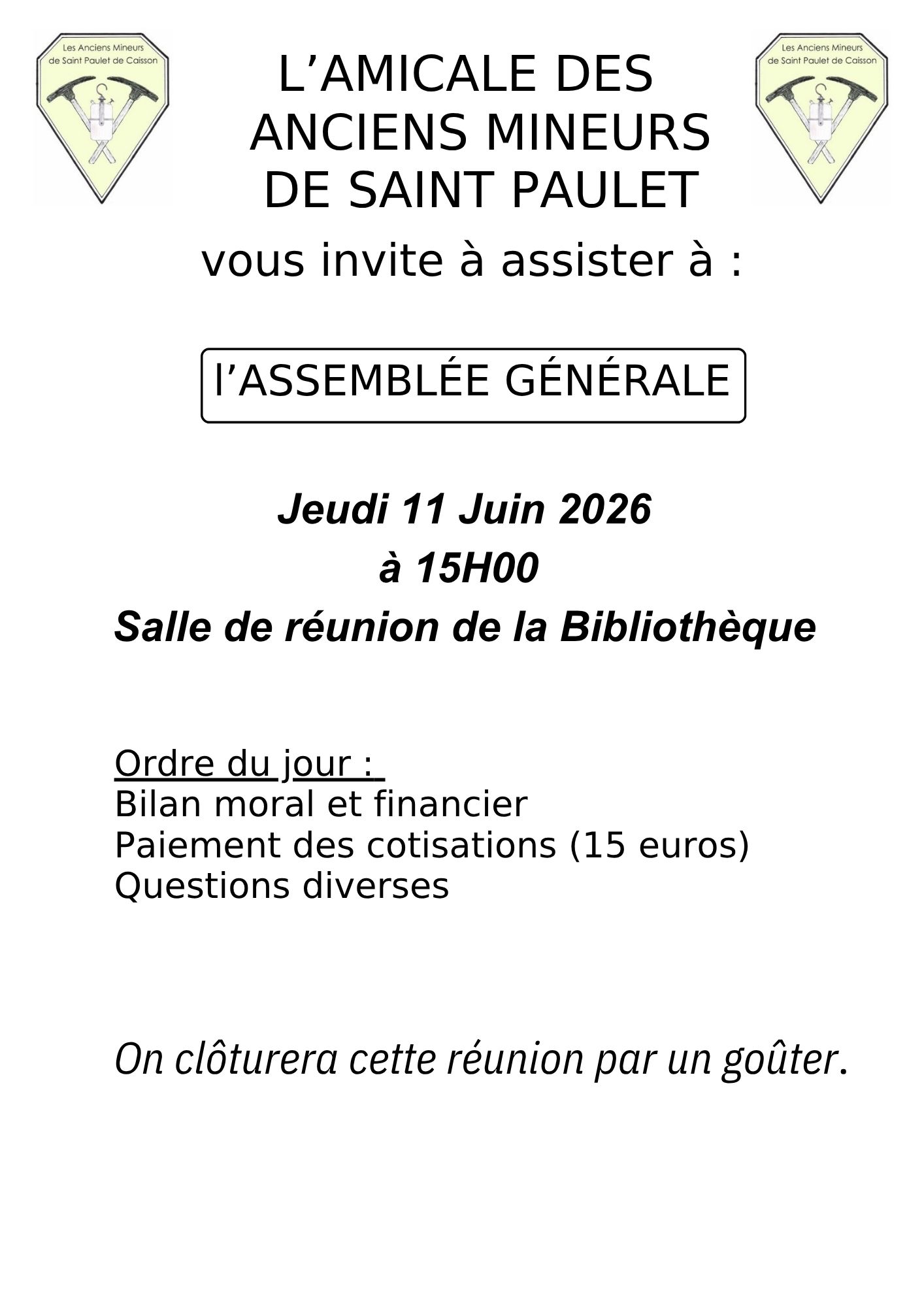 Affiche assemblée générale de l'Amicale des anciens mineurs le 11 juin à 15h