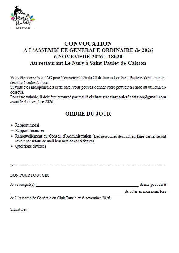 Convocation assemblée générale du Club taurin le 6 novembre 2026